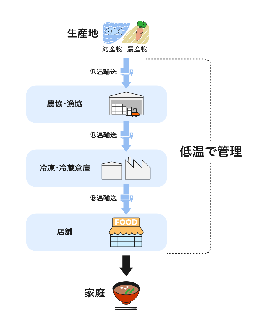 Agricultural and marine products are transported from the production area to agricultural and fishery cooperatives, then to refrigerated and frozen warehouses, next to stores, and finally to household tables. During this process, they are always kept at low temperatures.