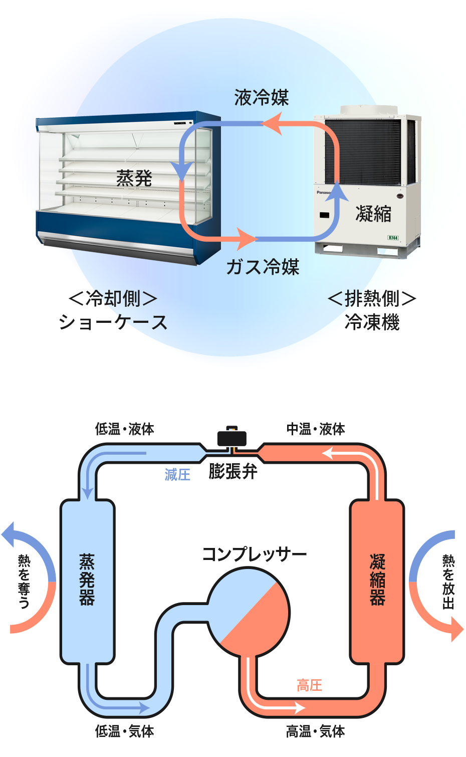 The refrigeration system on the right and the display cabinets on the left are connected. The liquid refrigerant condensed by the refrigeration system evaporates in the display cabinets, becomes gas refrigerant, and returns to the refrigeration system(上図)/The condenser is on the right, and the evaporator is on the left. The refrigerant from the condenser is depressurized by the expansion valve, reaches the evaporator, and absorbs heat. The refrigerant from the evaporator is pressurized by the compressor and releases heat in the condenser(下図)