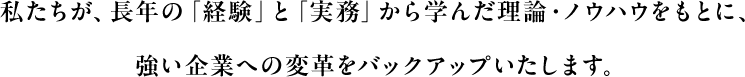 私たちが、長年の「経験」と「実務」から学んだ理論・ノウハウをもとに、強い企業への変革をバックアップいたします。