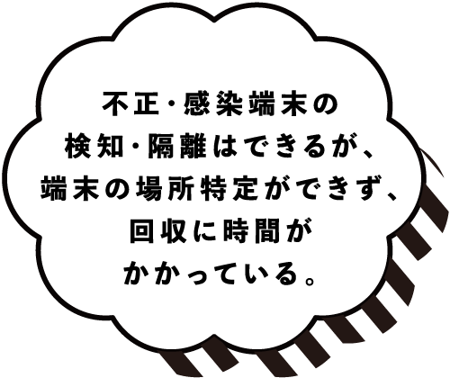 不正・感染端末の検知・隔離はできるが、端末の場所特定ができず、回収に時間がかかっている。