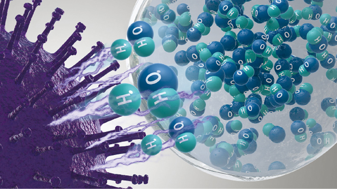 帯電微粒子水がウイルスや菌を抑制する様子のイメージ図