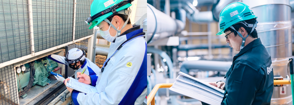 ヘルメットを着用し、設備のメンテナンスや図面の確認を行う現場スタッフの活動イメージ