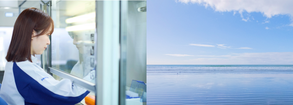 ラボで実験中の女性の研修開発者と開放的な青い海の風景のコラージュ