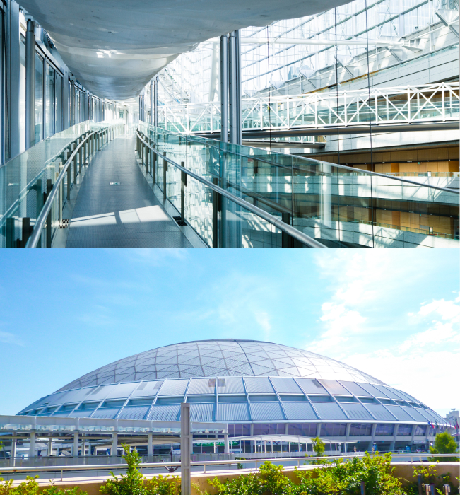 ガラス張りの建築の内観とドーム型建築外観のコラージュ