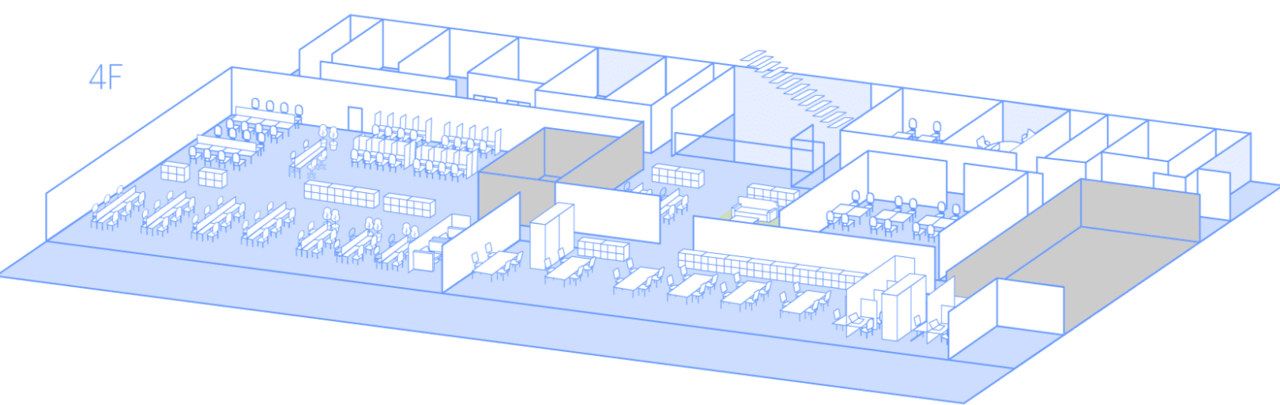 草津新棟4階フロアのアイソメトリック図。空をイメージした青色で描かれたオフィスレイアウト