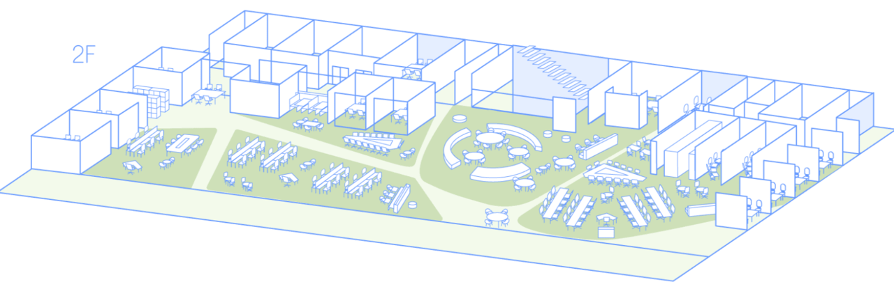 草津新棟2階フロアのアイソメトリック図。植物をイメージした緑色で描かれたオフィスレイアウト