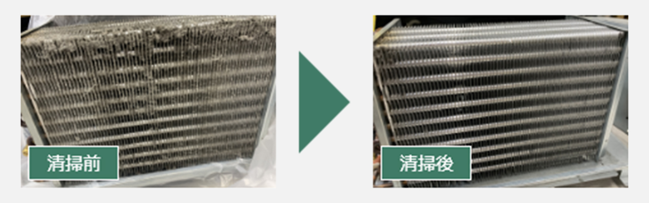 コンデンサーの清掃前後比較。清掃前は目詰まりしていたフィンが、清掃後はきれいになっている様子