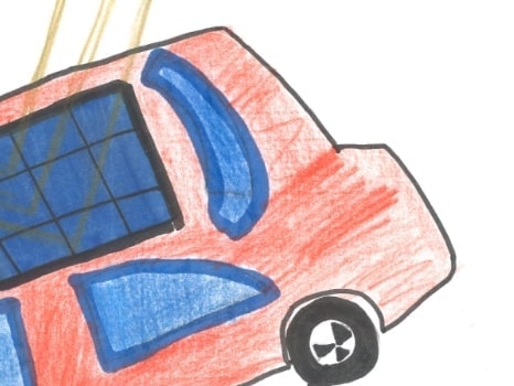 ソーラーパネルを積んだ赤い車のイラスト