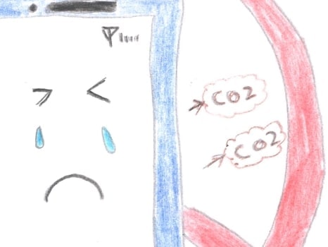 スマートフォンがCO₂をとりこんでいるイラスト