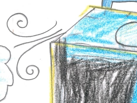 箱形の機械の下から悪い空気が吸われ、上からいい空気がでているイラスト