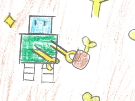 ロボットと木とドローンのイラスト