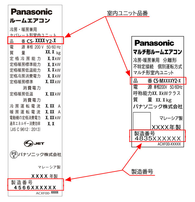 室内ユニット品番、製造番号の記載位置