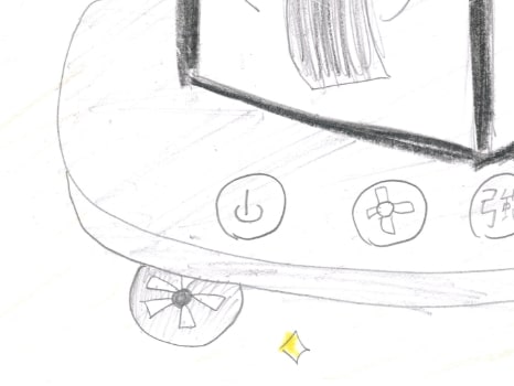 丸い台の上に箱形の扇風機が乗っているイラスト