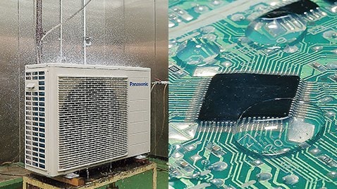左:室外機の画像 右:基板に水を垂らして耐水試験を行っている画像