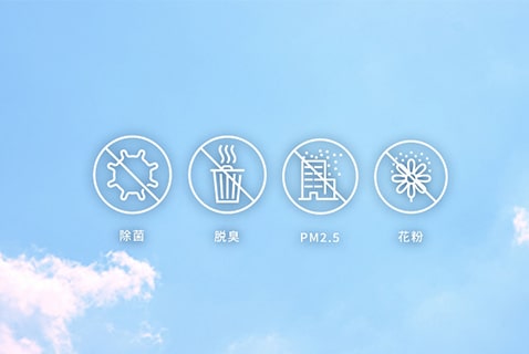 きれいな空気。除菌、脱臭、PM2.5、花粉への効果を示すアイコンと空の画像。