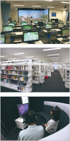 (上から)コンピュータルーム、図書館、メディアブース