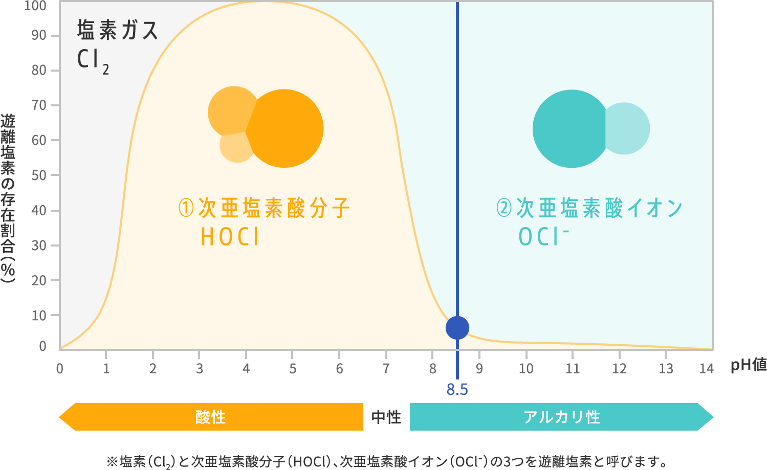pH(酸性・アルカリ性)と遊離塩素の存在割合