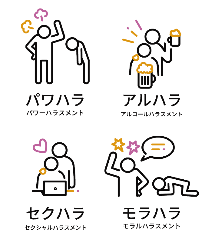 ハラスメントの例を示したイラスト。パワハラ(パワーハラスメント) アルハラ(アルコールハラスメント) セクハラ(セクシャルハラスメント) モラハラ(モラルハラスメント)